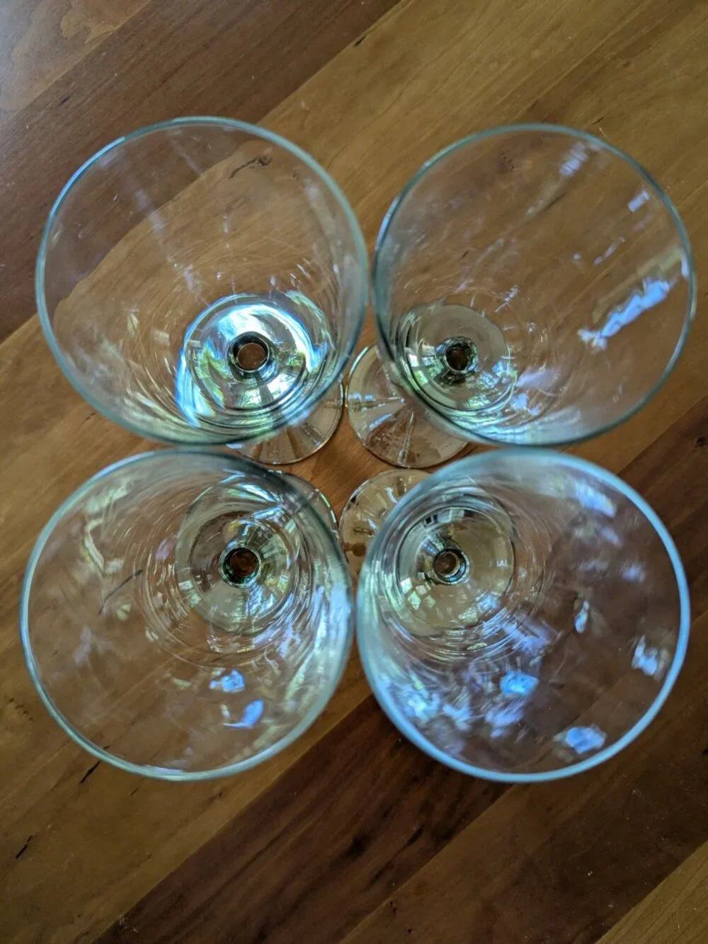 Vintage Pottery Barn Goblets Glasses Iridescent Amber Stem Green Bubble Set of 4